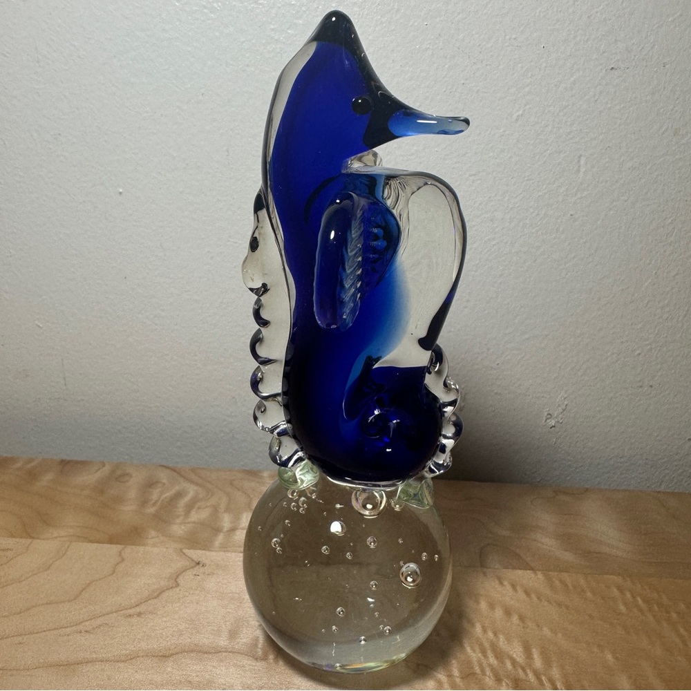 Hand Blown Studio Art Glass Cobalt Blue and Clear Glass Seahorse 7" Paperweight